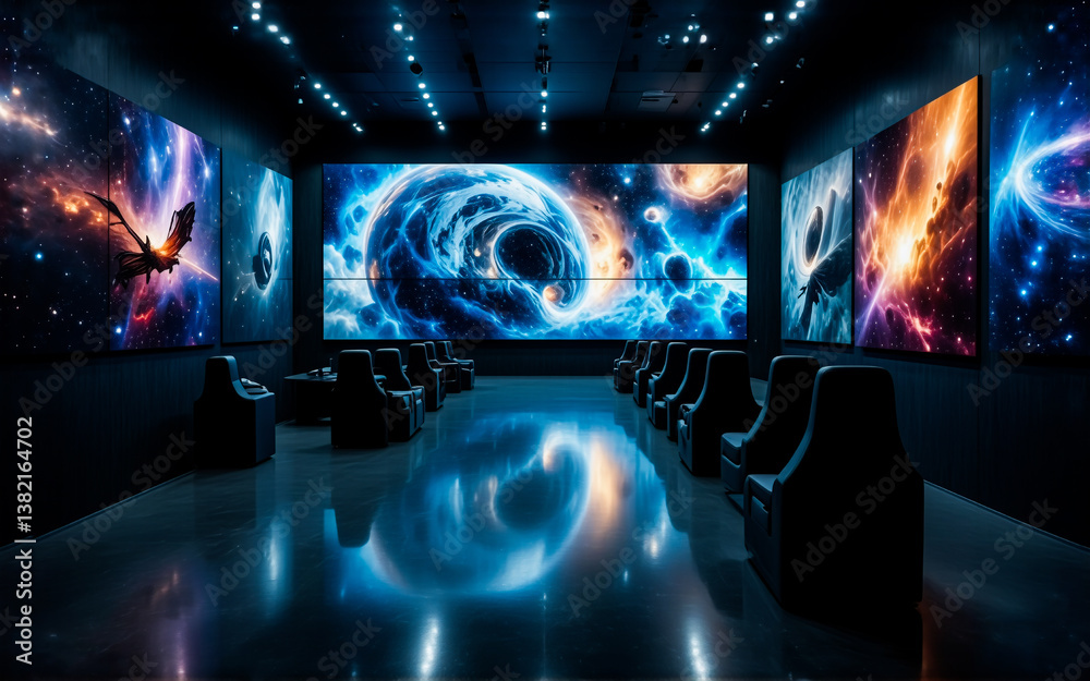 Poster a modern viewing room with chairs is facing a massive screen showing cosmic scenes of galaxies and n