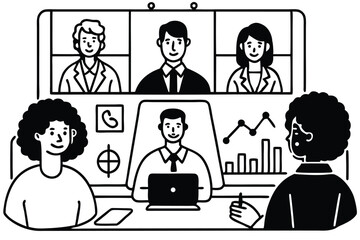 A diverse team of business professionals engaged in a virtual discussion, with online collaboration through a video conference platform