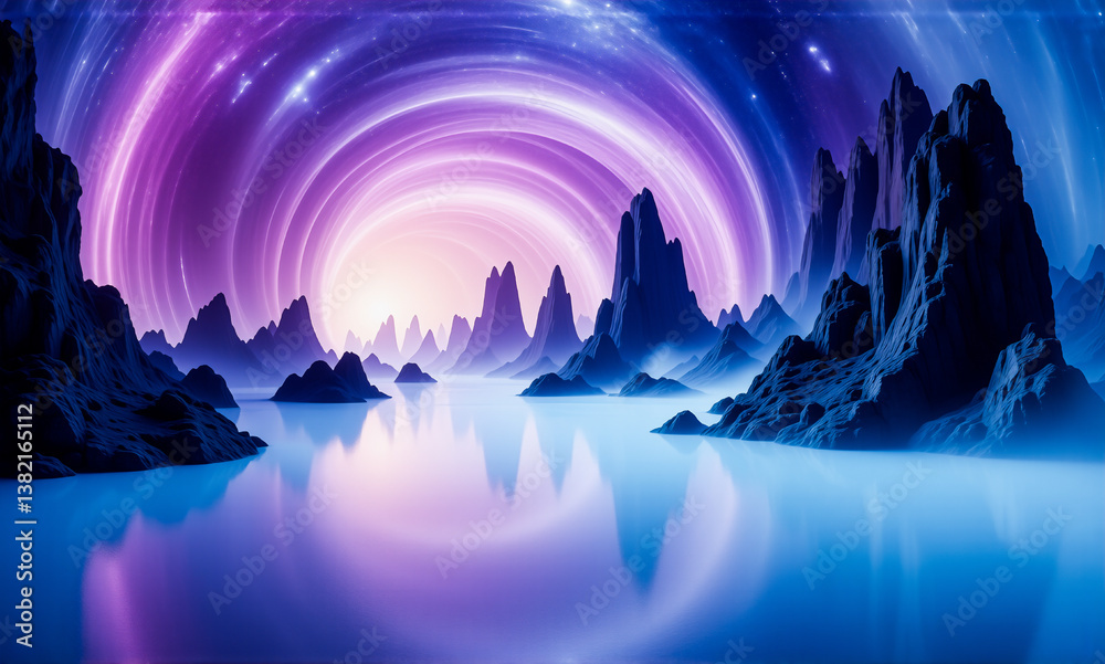 Poster a surreal landscape with jagged dark mountains reflecting in calm water under a vibrant swirling blu