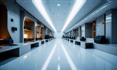 Bright, modern corridor with workstations in white and blue tones. Shiny floor reflects light creating a futuristic, empty interior.
