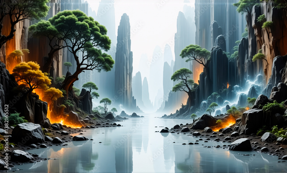 Poster a tranquil fantasy landscape shows a calm river flowing through towering cliffs and lush trees, bath