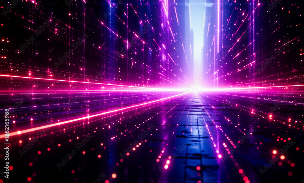 Poster futuristic digital path with bright neon pink and blue lines converging to a light source. perspecti