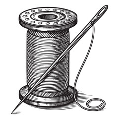 spool of threads and needle engraving vector illustration