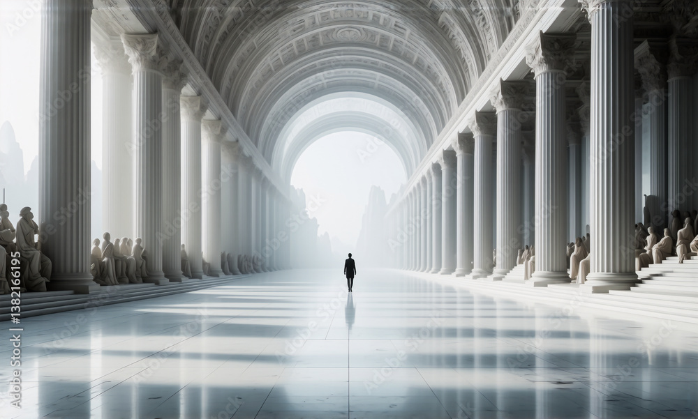Fototapete a lone figure walks through a brightly lit, expansive hall with classical columns and statues lining