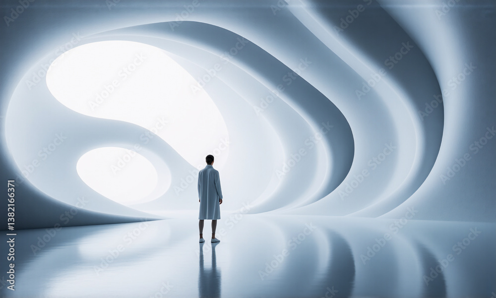 Leinwandbilder a figure in a white coat gazes towards a radiant light source at the end of a futuristic, tunnel-lik
