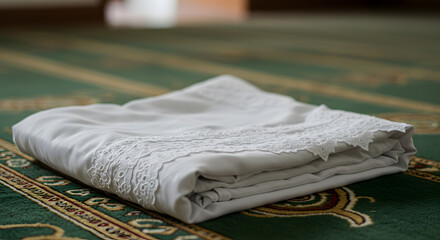 Folded Prayer Mat with Delicate Lace Trim on Green Carpet