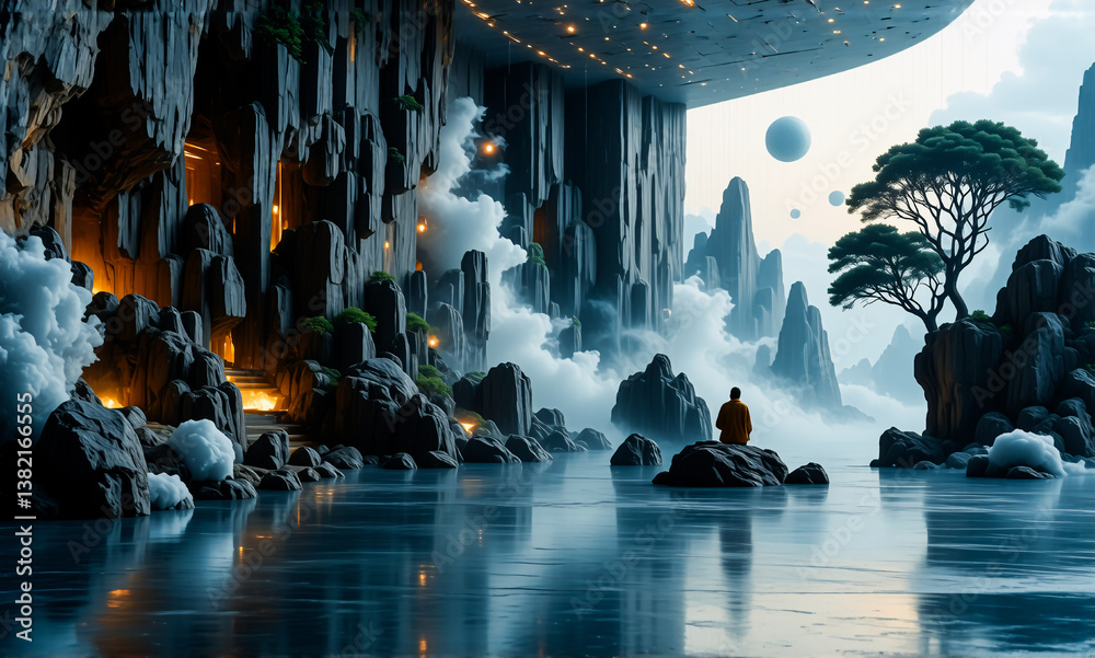 Poster a serene landscape with a figure meditating by calm water, surrounded by rocky cliffs and a futurist