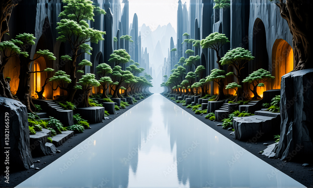 Poster A serene path stretches through towering dark structures, lined with lush green trees.  The scene evokes a tranquil and mysterious atmosphere, with a sense of depth and perspective.