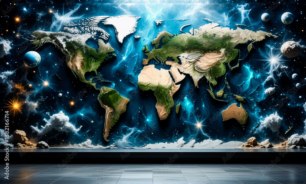 Poster a world map with continents floats against a vibrant cosmic backdrop filled with stars, planets, and