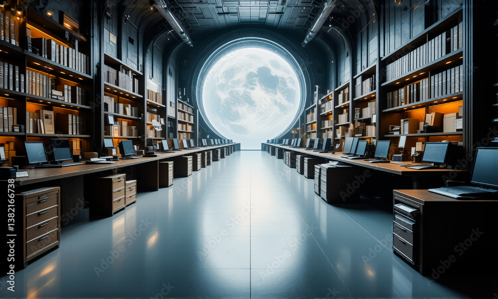 Poster Futuristic library or office with rows of desks and computers under shelves filled with books. A large circular window at the end shows a bright full moon.