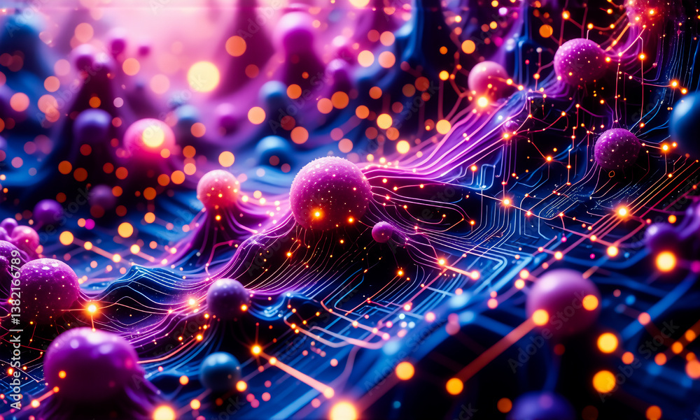 Aufkleber vibrant abstract futuristic landscape with glowing orbs and flowing lines, forming a digital network