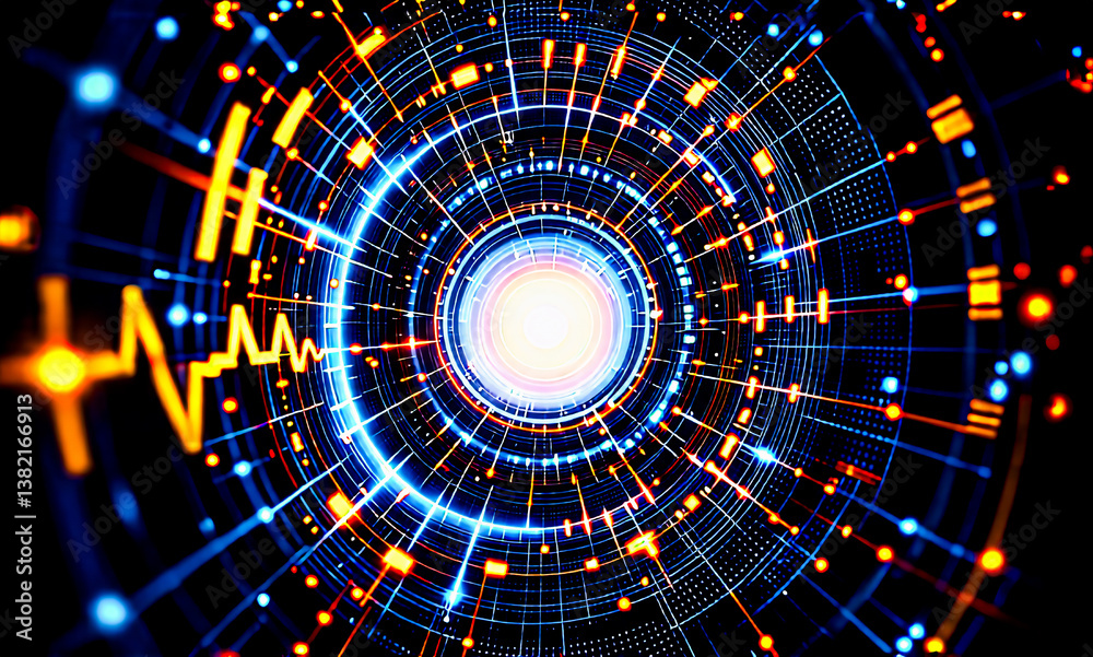 Poster a vibrant tunnel of blue and orange lines and dots radiates from a bright center, conveying digital 