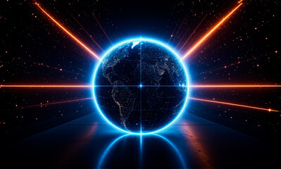 Obraz premium Neon blue globe encircled by vibrant orange laser beams against a dark cosmic backdrop with stars and a reflective surface.