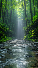 Obraz premium Forest Stream Sunlight Realistic Image