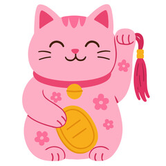 Cute pink lucky cat illustration in trendy flat cartoon style. Maneki-neko decorated with cherry blossom flowers and a gold coin. Perfect for new year, greeting cards and kawaii designs