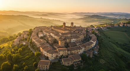 Tuscan Hilltop Village at Sunrise: Aerial View of Medieval Charm