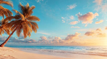 Obraz premium Serene Tropical Beach Sunset Scene Palm Trees and Azure Ocean Waves