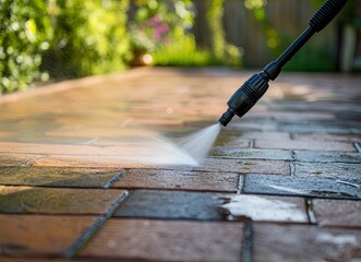 Power Washing Patio Stone Bricks with Pressure Washer for Cleaning