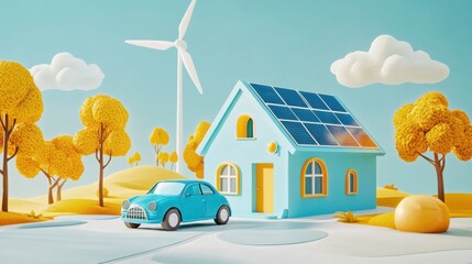 A colorful illustration of a house with solar panels, a wind turbine, and a small car, set in a vibrant landscape with stylized trees and clouds.