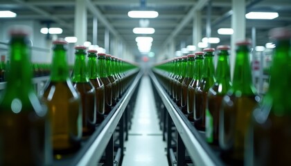 Bottles on a conveyor belt at a manufacturing facility showing the production process of beverages in a modern plant