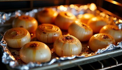 Perfectly roasted onions in a baking tray inside a hot oven enhancing delicious flavors