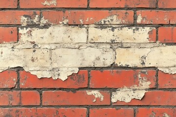 A red brick wall with peeling paint on it
