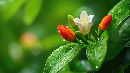 Close-Up of Vibrant Orange and Yellow Flower Buds Covered in Fresh Water Droplets