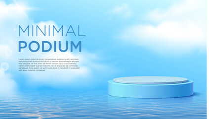 A 3D minimalistic blue podium floating above a calm water surface with a bright sky and soft clouds in the background. Ideal for product display, branding visuals, or summer-themed advertisements