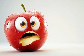 A scared, cartoon apple with big eyes and water droplets, showing a surprised expression.