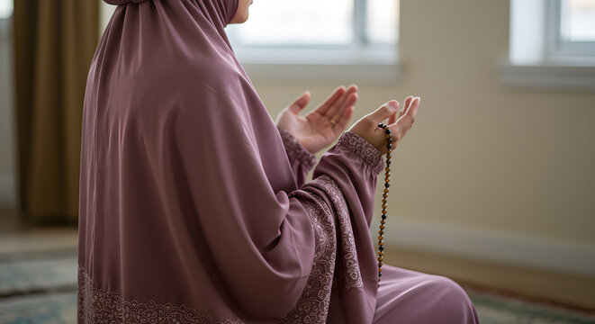 Muslim Woman in Mauve Niqab Praying with Prayer Beads