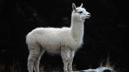 Fototapeta premium Full body of White Alpaca Standing on black background