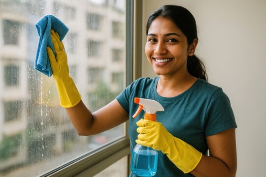 Smiling woman cleaning window.