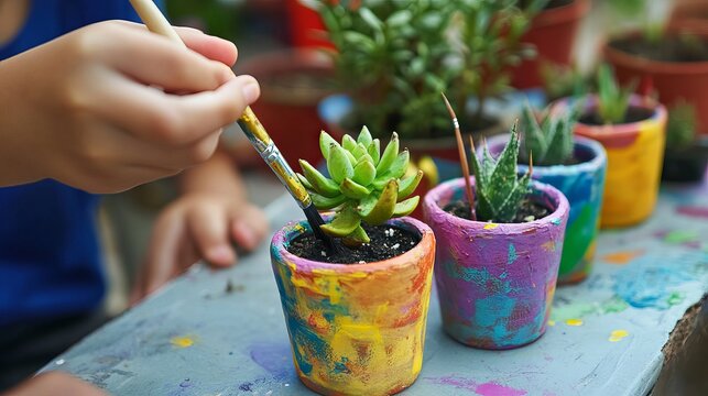 Children painting pottery potted plants with bright colors in creative art session