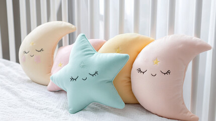 Cute pastel plush moon and star pillows arranged on soft white blanket, creating cozy and whimsical atmosphere perfect for child room or nursery