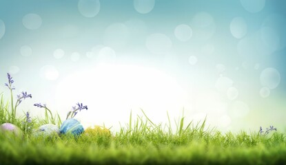 Obraz premium Painted easter eggs in the grass and bluebells celebrating a Happy Easter on a spring day with a green grass meadow and blurred grass foreground and bright blue sunlight background with copy space.