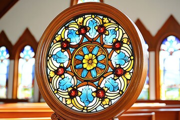 Stained glass window with floral design in church