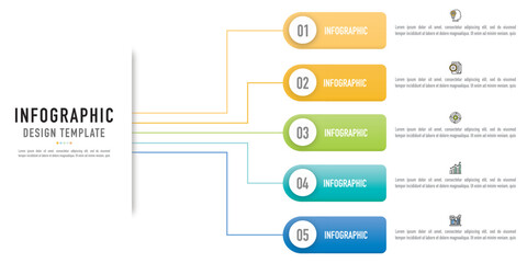Infographic business template or element as a vector including 5 step, process, point, bullet, option, with colorful label, icons, tags on white background, mind map, for presentation, modern, flat