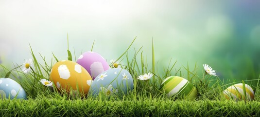 Fototapeta premium Six painted easter eggs celebrating a Happy Easter on a spring day with a green grass meadow, bright sunlight and a cool colour background with copy space.