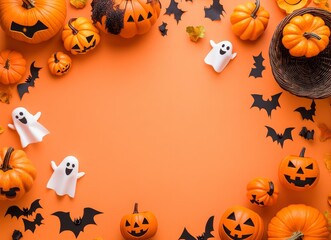 Halloween Decoration with Pumpkins Ghosts and Bats on Orange Background