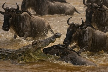 Wildebeest crocodile river encounter