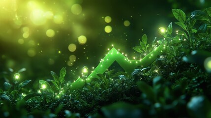 A green upward trend graph emerges from lush foliage, illuminated by soft glowing lights, symbolizing growth and prosperity in a natural setting.