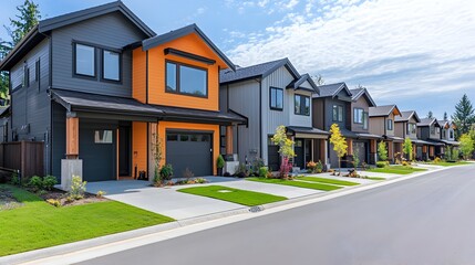 Obraz premium A row of modern, stylish townhouses with vibrant orange and gray exteriors lines a quiet residential street on a sunny day.