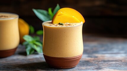 Refreshing Smooth Drink in Glass Topped with Juicy Fruit Garnish