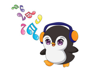 Cartoon Penguin With Headphones Music Melody