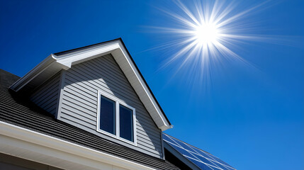 Obraz premium Sunny day, house with solar panels, blue sky