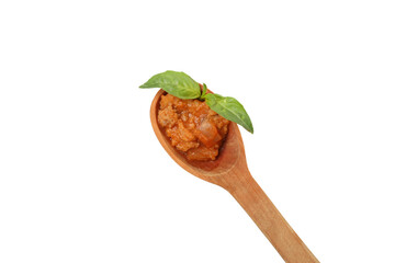 PNG, Bolognese sauce in wooden spoon, isolated on white background, top view
