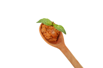 PNG, Bolognese sauce in wooden spoon, isolated on white background, top view
