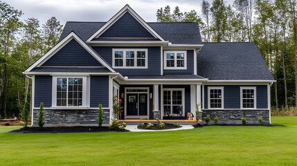 A stunning navy blue and white two-story craftsman style home sits on a lush green lawn with landscaping and stone accents.