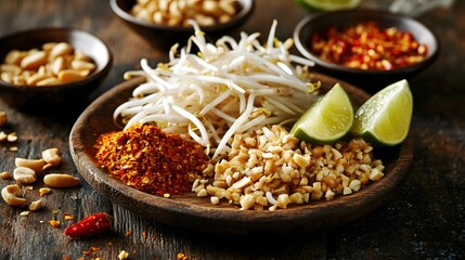 A colorful plate of fresh bean sprouts, lime wedges, crushed peanuts, and spices ready for a delicious culinary experience.