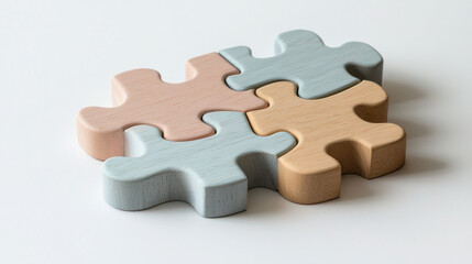 Colorful wooden puzzles in pastel shades create playful and inviting atmosphere, perfect for children activities or educational settings